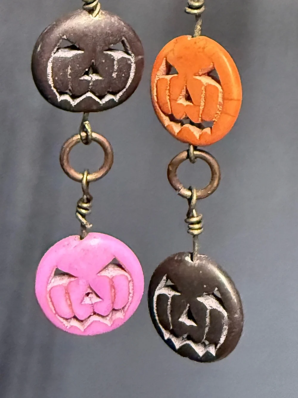 Handmade Stacked Jack-O-Lantern Pumpkin Drop Earrings | Purple Orange Black